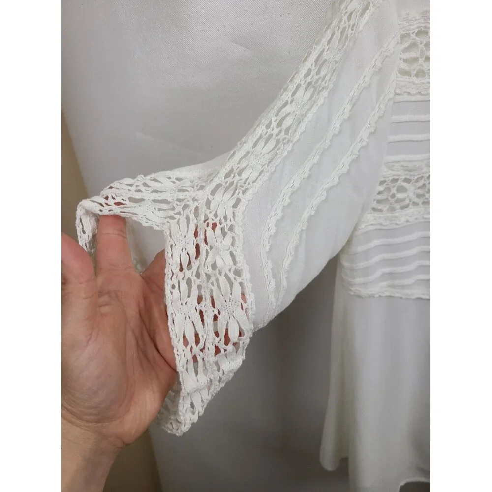 Free People Womens White‎ Crochet Blouse Top Small BOHO 3/4 Sleeve Fairy Cottage